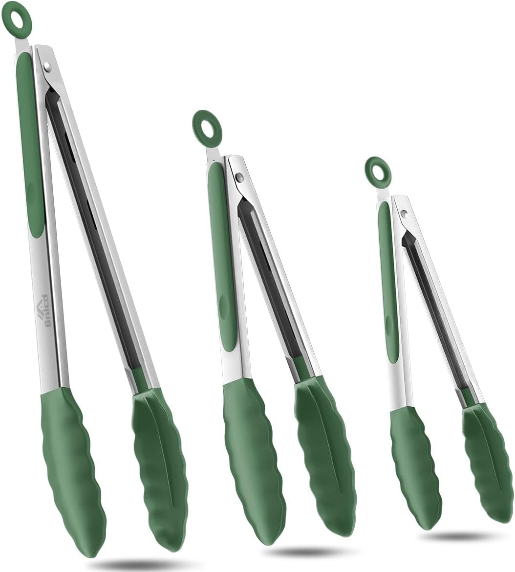 Good Grip Cooking Tongs with Silicone Tips, Set of 3-7" 9" and 12" | 600ºF Heat Resistant, 5-Layer Heavy Duty Stainless Steel, Pull Lock, Non Stick - Kitchen Tongs for Salad, Cooking and Frying