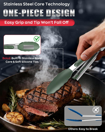 Good Grip Cooking Tongs with Silicone Tips, Set of 3-7" 9" and 12" | 600ºF Heat Resistant, 5-Layer Heavy Duty Stainless Steel, Pull Lock, Non Stick - Kitchen Tongs for Salad, Cooking and Frying