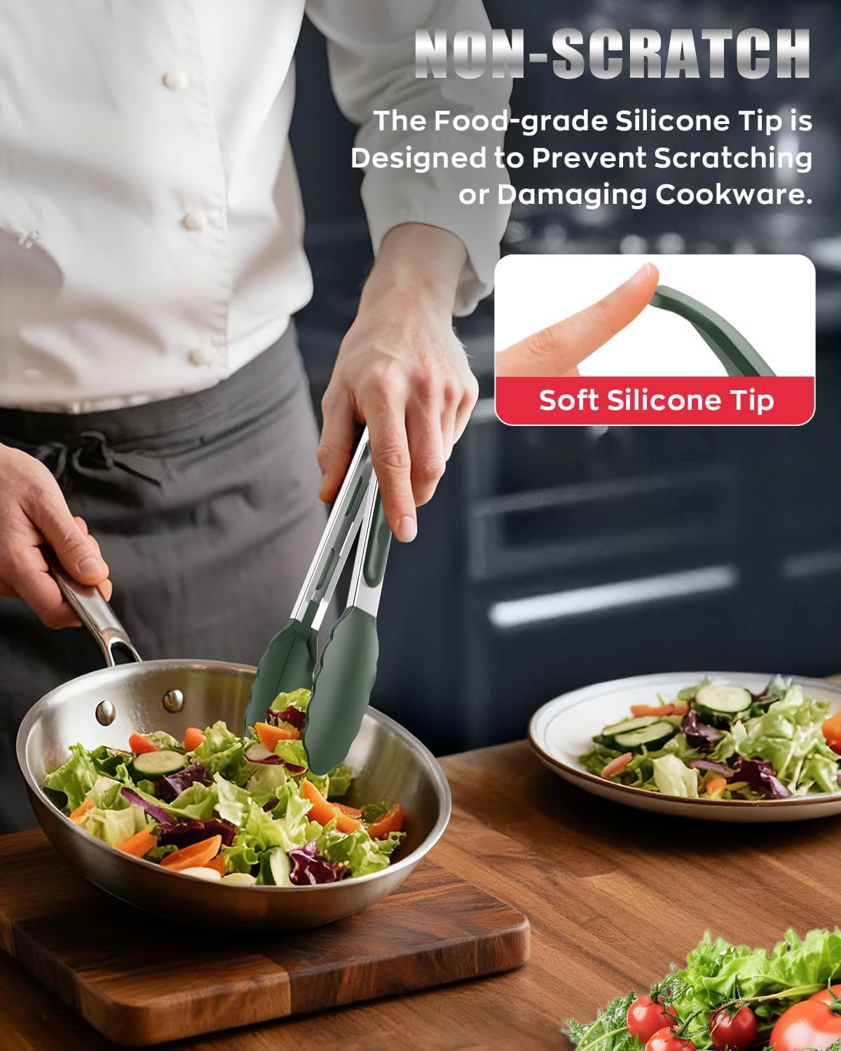 Good Grip Cooking Tongs with Silicone Tips, Set of 3-7" 9" and 12" | 600ºF Heat Resistant, 5-Layer Heavy Duty Stainless Steel, Pull Lock, Non Stick - Kitchen Tongs for Salad, Cooking and Frying