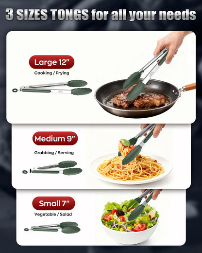 Good Grip Cooking Tongs with Silicone Tips, Set of 3-7" 9" and 12" | 600ºF Heat Resistant, 5-Layer Heavy Duty Stainless Steel, Pull Lock, Non Stick - Kitchen Tongs for Salad, Cooking and Frying