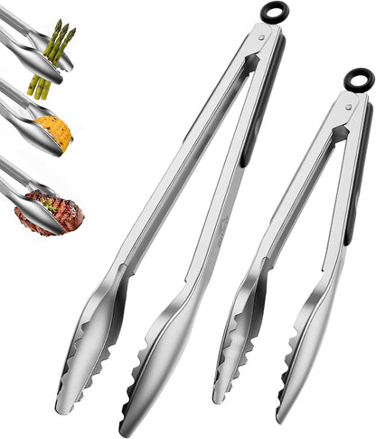 Good Grip Cooking Tongs with Silicone Tips, Set of 3-7" 9" and 12" | 600ºF Heat Resistant, 5-Layer Heavy Duty Stainless Steel, Pull Lock, Non Stick - Kitchen Tongs for Salad, Cooking and Frying