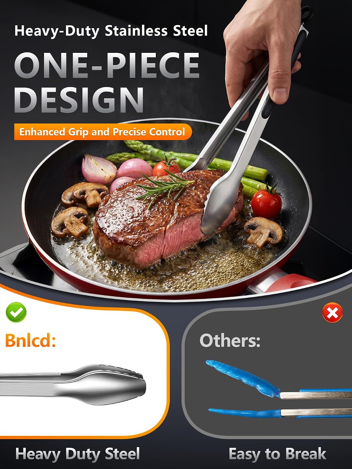 Good Grip Cooking Tongs with Silicone Tips, Set of 3-7" 9" and 12" | 600ºF Heat Resistant, 5-Layer Heavy Duty Stainless Steel, Pull Lock, Non Stick - Kitchen Tongs for Salad, Cooking and Frying