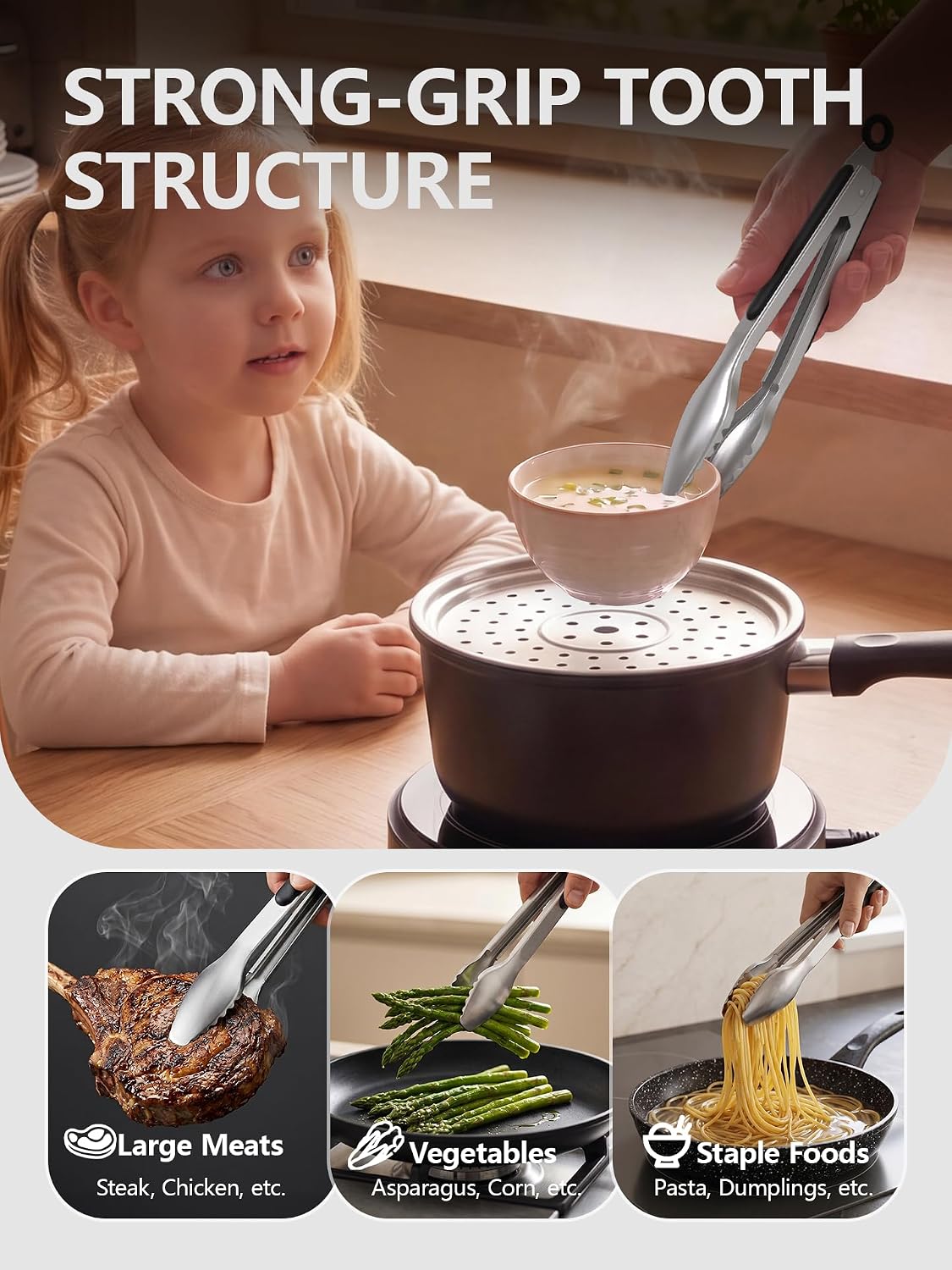 Good Grip Cooking Tongs with Silicone Tips, Set of 3-7" 9" and 12" | 600ºF Heat Resistant, 5-Layer Heavy Duty Stainless Steel, Pull Lock, Non Stick - Kitchen Tongs for Salad, Cooking and Frying