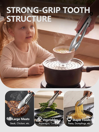 Good Grip Cooking Tongs with Silicone Tips, Set of 3-7" 9" and 12" | 600ºF Heat Resistant, 5-Layer Heavy Duty Stainless Steel, Pull Lock, Non Stick - Kitchen Tongs for Salad, Cooking and Frying