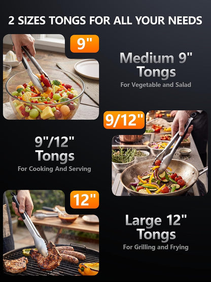 Good Grip Cooking Tongs with Silicone Tips, Set of 3-7" 9" and 12" | 600ºF Heat Resistant, 5-Layer Heavy Duty Stainless Steel, Pull Lock, Non Stick - Kitchen Tongs for Salad, Cooking and Frying