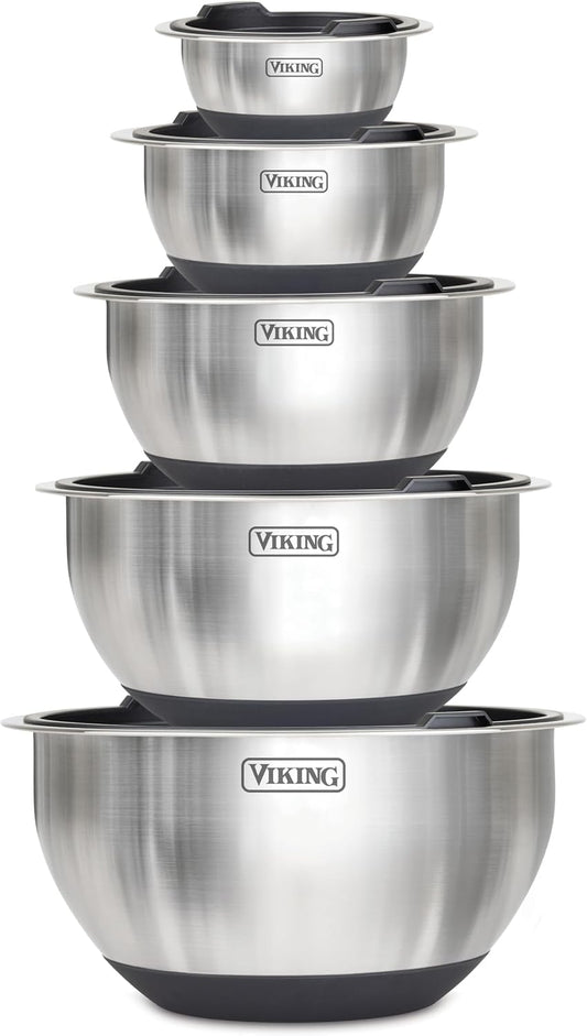 Mixing Bowls Set, 10 Piece Stainless Steel Kitchen Cookware, Non-Slip Silicone Base, Includes Tight Fit Lids, Dishwasher Safe, Black