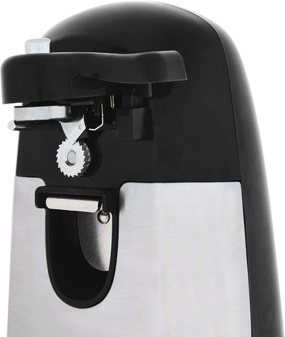 3-In-1 Electric Can Opener, Bottle Opener and Knife Sharpener with Stainless Steel Blade, Magnetic Lid Holder, Safe, Easy to Use, Powerful, Sleek Design, 50W, Black
