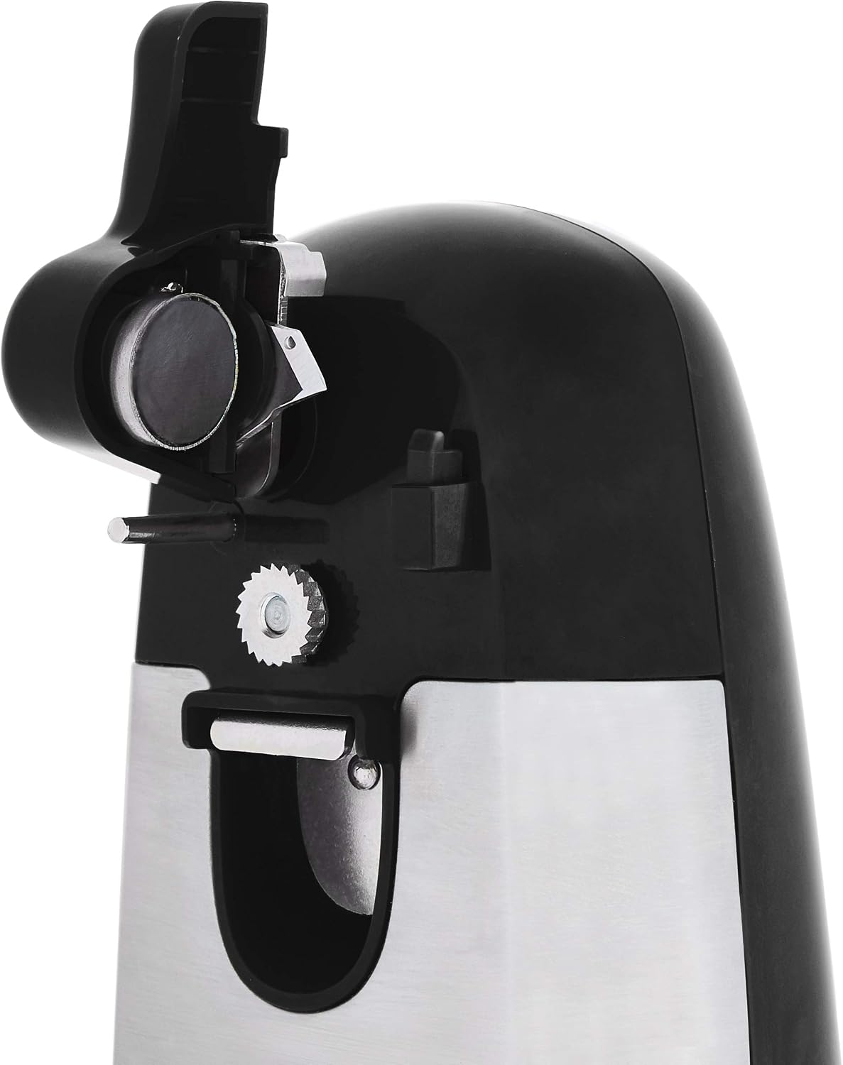 3-In-1 Electric Can Opener, Bottle Opener and Knife Sharpener with Stainless Steel Blade, Magnetic Lid Holder, Safe, Easy to Use, Powerful, Sleek Design, 50W, Black