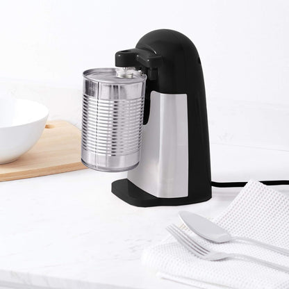 3-In-1 Electric Can Opener, Bottle Opener and Knife Sharpener with Stainless Steel Blade, Magnetic Lid Holder, Safe, Easy to Use, Powerful, Sleek Design, 50W, Black