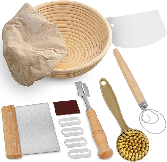 Bread Proofing Basket, Round 9-Inch Banneton Sourdough Starter Kit with Lame, Dough Scraper, Linen Liner, and Basting Brush, Complete Bread Making Supplies and Tools