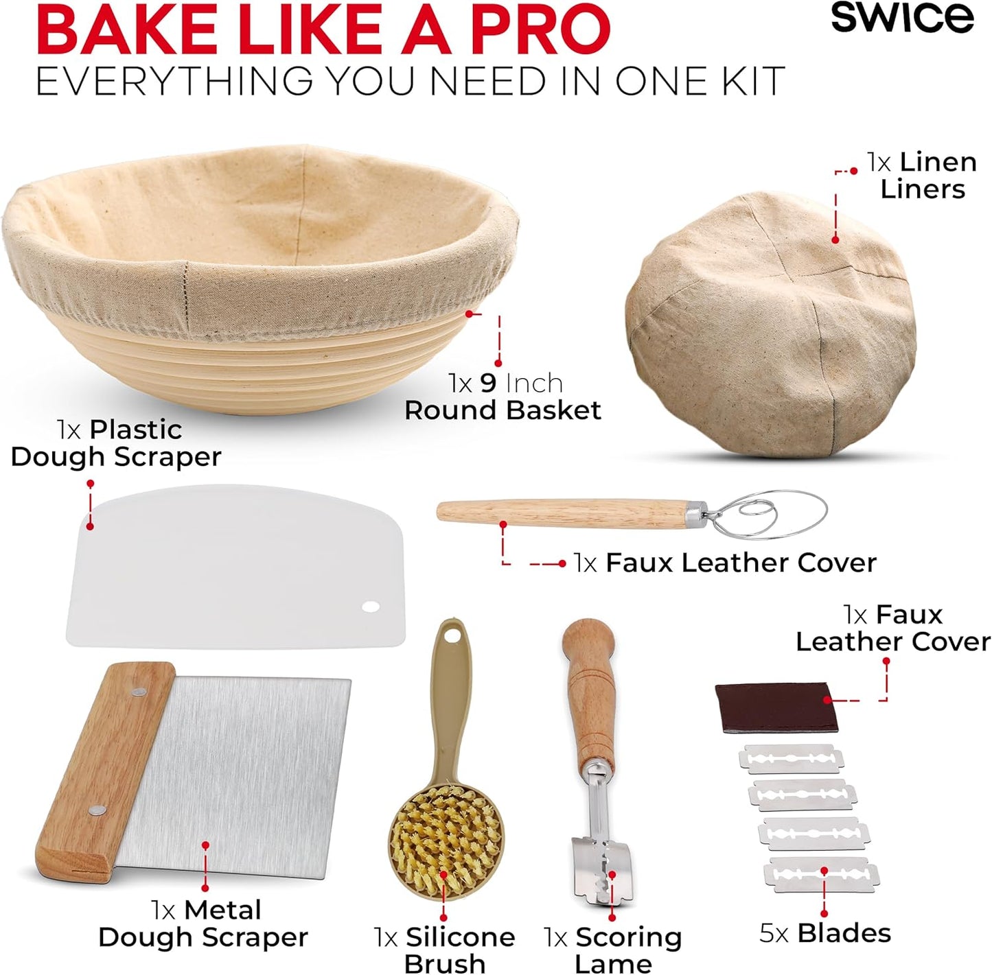 Bread Proofing Basket, Round 9-Inch Banneton Sourdough Starter Kit with Lame, Dough Scraper, Linen Liner, and Basting Brush, Complete Bread Making Supplies and Tools
