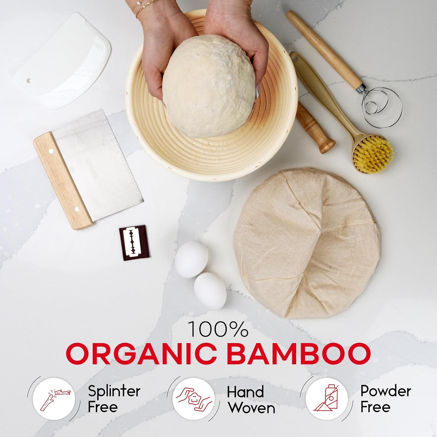 Bread Proofing Basket, Round 9-Inch Banneton Sourdough Starter Kit with Lame, Dough Scraper, Linen Liner, and Basting Brush, Complete Bread Making Supplies and Tools