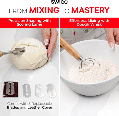Bread Proofing Basket, Round 9-Inch Banneton Sourdough Starter Kit with Lame, Dough Scraper, Linen Liner, and Basting Brush, Complete Bread Making Supplies and Tools