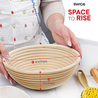 Bread Proofing Basket, Round 9-Inch Banneton Sourdough Starter Kit with Lame, Dough Scraper, Linen Liner, and Basting Brush, Complete Bread Making Supplies and Tools