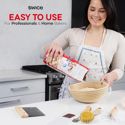 Bread Proofing Basket, Round 9-Inch Banneton Sourdough Starter Kit with Lame, Dough Scraper, Linen Liner, and Basting Brush, Complete Bread Making Supplies and Tools