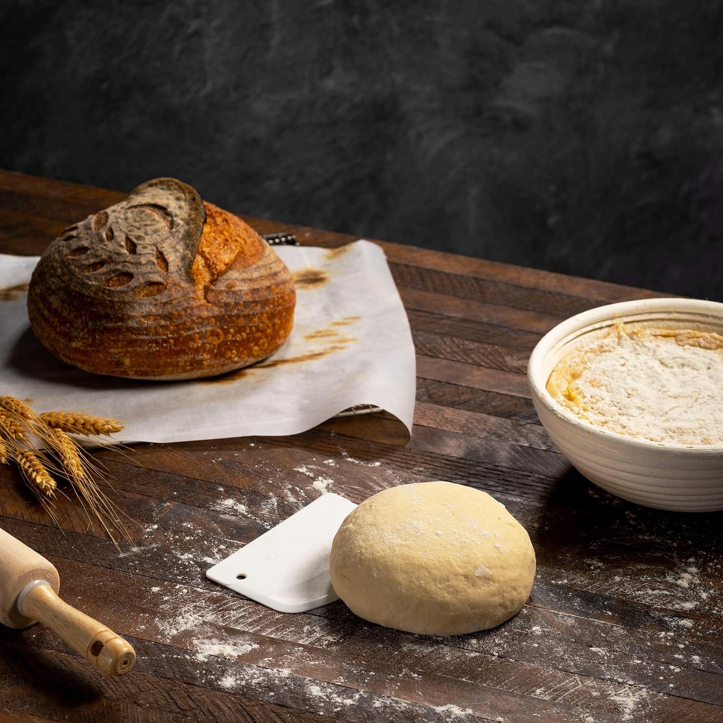 Bread Proofing Basket, Round 9-Inch Banneton Sourdough Starter Kit with Lame, Dough Scraper, Linen Liner, and Basting Brush, Complete Bread Making Supplies and Tools