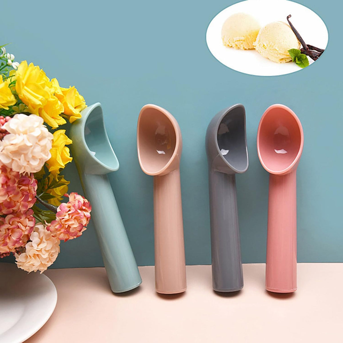 4PCS Plastic Ice Cream Scoop Ice Scoop Holder Melon Baller Scoop Ice Cream Scooper Cookie Scoop for Ice Cream Fruit Watermelon Spoon and Other Kitchen Tools (Rose Red Pink Green Grey)