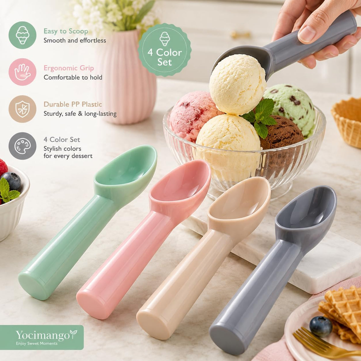 4PCS Plastic Ice Cream Scoop Ice Scoop Holder Melon Baller Scoop Ice Cream Scooper Cookie Scoop for Ice Cream Fruit Watermelon Spoon and Other Kitchen Tools (Rose Red Pink Green Grey)