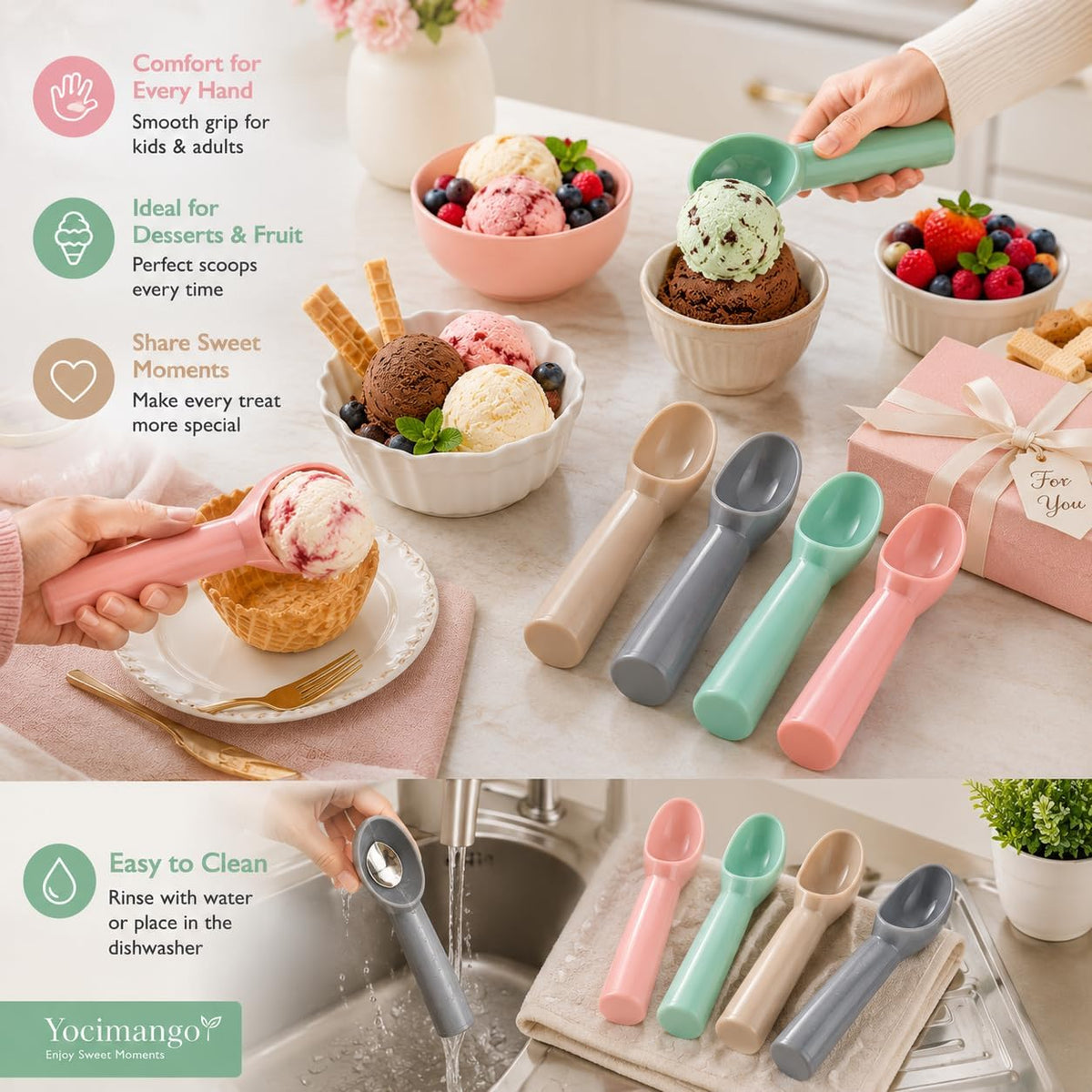 4PCS Plastic Ice Cream Scoop Ice Scoop Holder Melon Baller Scoop Ice Cream Scooper Cookie Scoop for Ice Cream Fruit Watermelon Spoon and Other Kitchen Tools (Rose Red Pink Green Grey)