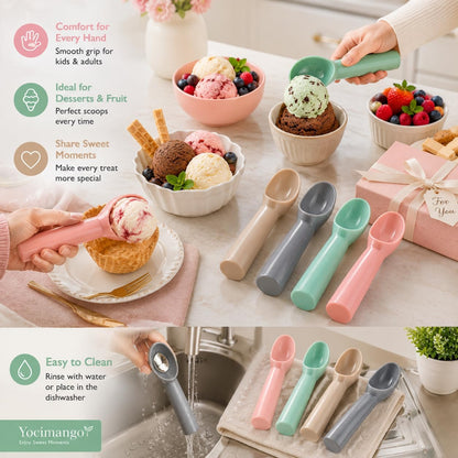 4PCS Plastic Ice Cream Scoop Ice Scoop Holder Melon Baller Scoop Ice Cream Scooper Cookie Scoop for Ice Cream Fruit Watermelon Spoon and Other Kitchen Tools (Rose Red Pink Green Grey)