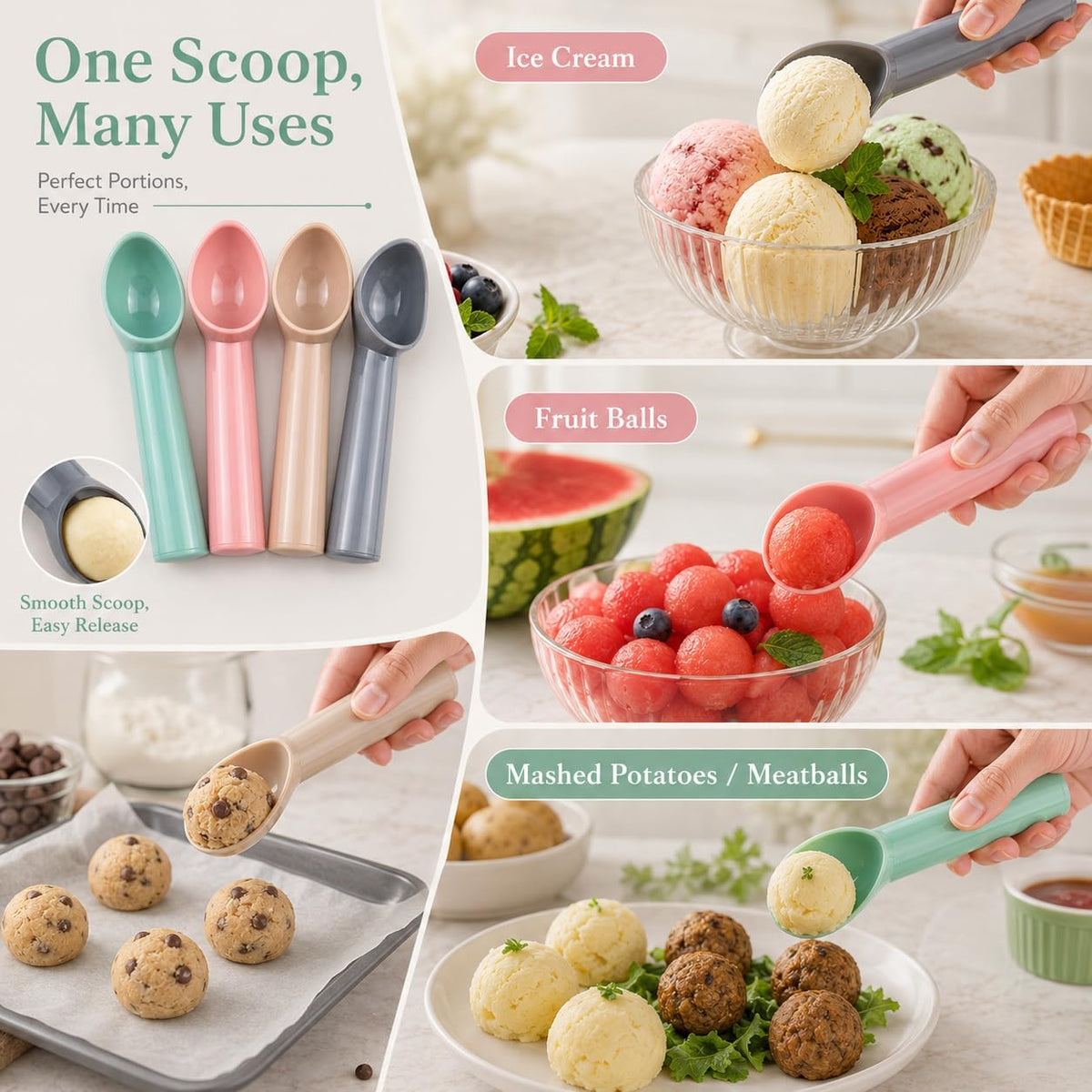 4PCS Plastic Ice Cream Scoop Ice Scoop Holder Melon Baller Scoop Ice Cream Scooper Cookie Scoop for Ice Cream Fruit Watermelon Spoon and Other Kitchen Tools (Rose Red Pink Green Grey)