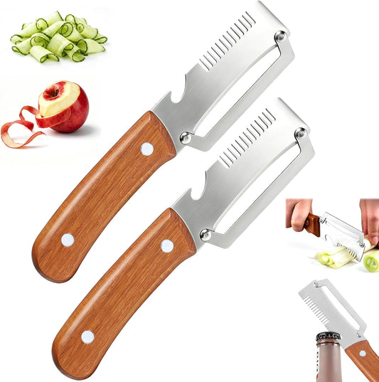 3-in-1 Multi-Function Kitchen Vegetable Peeler with Wooden Handle and Bottle Opener, Ideal for Peeling Fruits and Vegetables, Stainless Steel Blade Kitchen Tool (2 PCS)