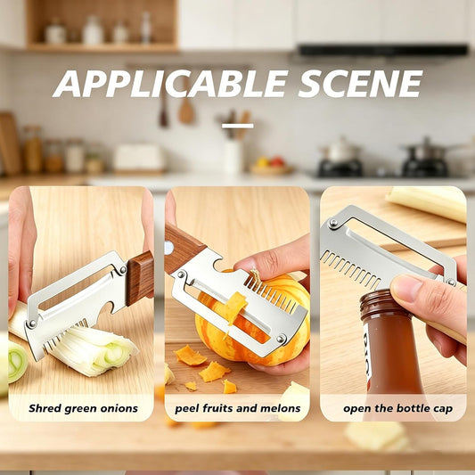 3-in-1 Multi-Function Kitchen Vegetable Peeler with Wooden Handle and Bottle Opener, Ideal for Peeling Fruits and Vegetables, Stainless Steel Blade Kitchen Tool (2 PCS)