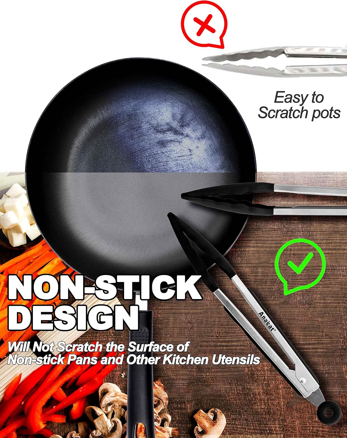 Non-Stick Silicone Locking Tong Set of 3 - Stainless Steel 7", 9", 12" Kitchen Food Tongs with Non-Slip Silicone Tips and Grip for Cooking, Baking and BBQ - Heat Resistant up to 480°F (Black)