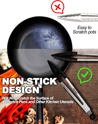 Non-Stick Silicone Locking Tong Set of 3 - Stainless Steel 7", 9", 12" Kitchen Food Tongs with Non-Slip Silicone Tips and Grip for Cooking, Baking and BBQ - Heat Resistant up to 480°F (Black)