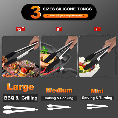 Non-Stick Silicone Locking Tong Set of 3 - Stainless Steel 7", 9", 12" Kitchen Food Tongs with Non-Slip Silicone Tips and Grip for Cooking, Baking and BBQ - Heat Resistant up to 480°F (Black)