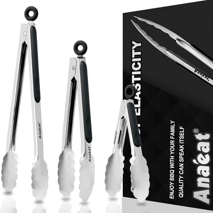 Non-Stick Silicone Locking Tong Set of 3 - Stainless Steel 7", 9", 12" Kitchen Food Tongs with Non-Slip Silicone Tips and Grip for Cooking, Baking and BBQ - Heat Resistant up to 480°F (Black)