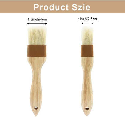 2 PCS Basting Brush, Natural Bristle, Wooden Handle | 1 Inch & 1 1/2 Inch, For Cooking & BBQ, Easy Clean, Pastry & Butter Brush