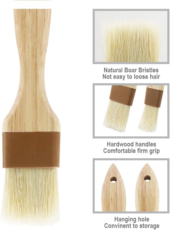 2 PCS Basting Brush, Natural Bristle, Wooden Handle | 1 Inch & 1 1/2 Inch, For Cooking & BBQ, Easy Clean, Pastry & Butter Brush