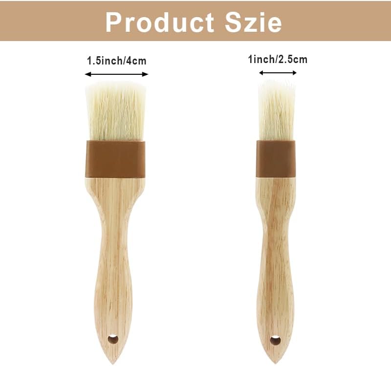 2 PCS Basting Brush, Natural Bristle, Wooden Handle | 1 Inch & 1 1/2 Inch, For Cooking & BBQ, Easy Clean, Pastry & Butter Brush