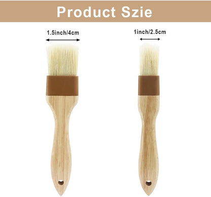 2 PCS Basting Brush, Natural Bristle, Wooden Handle | 1 Inch & 1 1/2 Inch, For Cooking & BBQ, Easy Clean, Pastry & Butter Brush