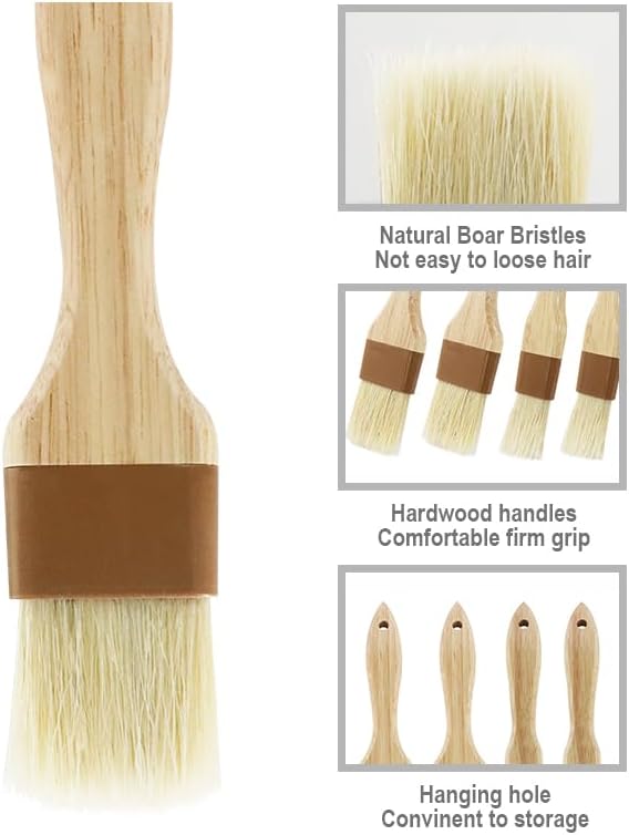 2 PCS Basting Brush, Natural Bristle, Wooden Handle | 1 Inch & 1 1/2 Inch, For Cooking & BBQ, Easy Clean, Pastry & Butter Brush