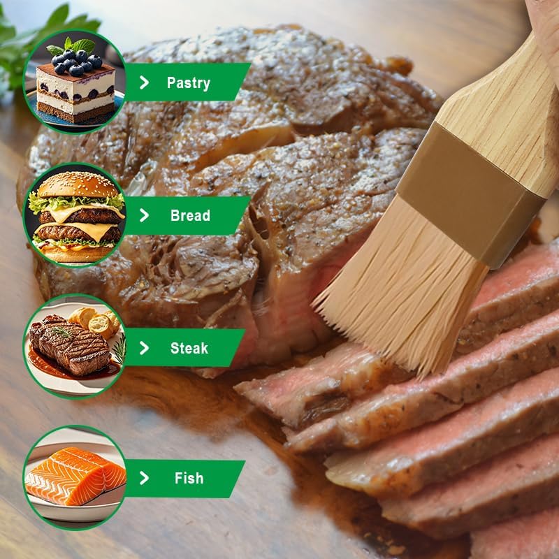 2 PCS Basting Brush, Natural Bristle, Wooden Handle | 1 Inch & 1 1/2 Inch, For Cooking & BBQ, Easy Clean, Pastry & Butter Brush