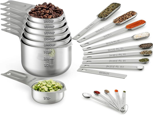Measuring Cups & Spoons Set of 21 - Includes 7 Stainless Steel Nesting Cups, 8 Measuring Spoons, 1 Leveler & 5 Mini Measuring Spoons, Ideal for Dry and Liquid Ingredients