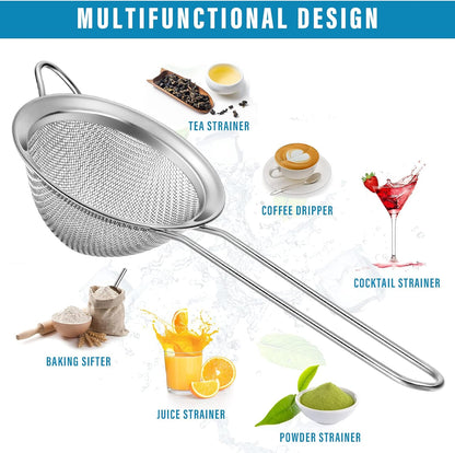 9 Packs Stainless Steel Small Strainer, Fine Mesh Steel Cone Shaped Cocktail Strainer for Juice, Tea Herbs, Coffee Drinks, Long Handle Coffee Food, 3.2 Inches Silver