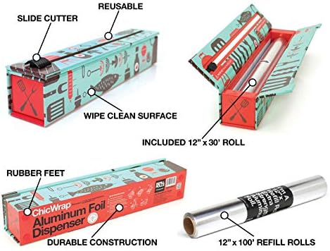 BBQ Tools Refillable Foil Dispenser - One 12"x 30' Roll of Professional Grade Aluminum Foil - Reusable Dispenser w/Slide Cutter - Kosher Certified - Reduces Waste & Saves Money