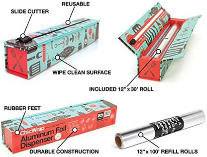 BBQ Tools Refillable Foil Dispenser - One 12"x 30' Roll of Professional Grade Aluminum Foil - Reusable Dispenser w/Slide Cutter - Kosher Certified - Reduces Waste & Saves Money