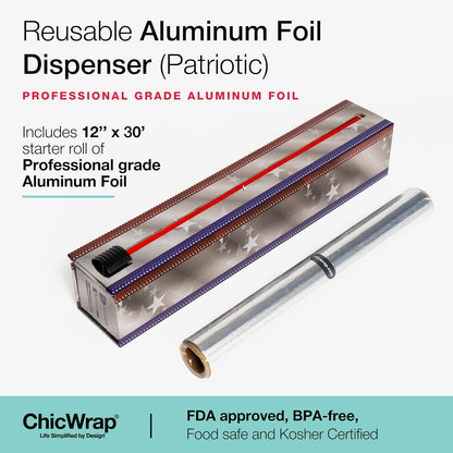 BBQ Tools Refillable Foil Dispenser - One 12"x 30' Roll of Professional Grade Aluminum Foil - Reusable Dispenser w/Slide Cutter - Kosher Certified - Reduces Waste & Saves Money