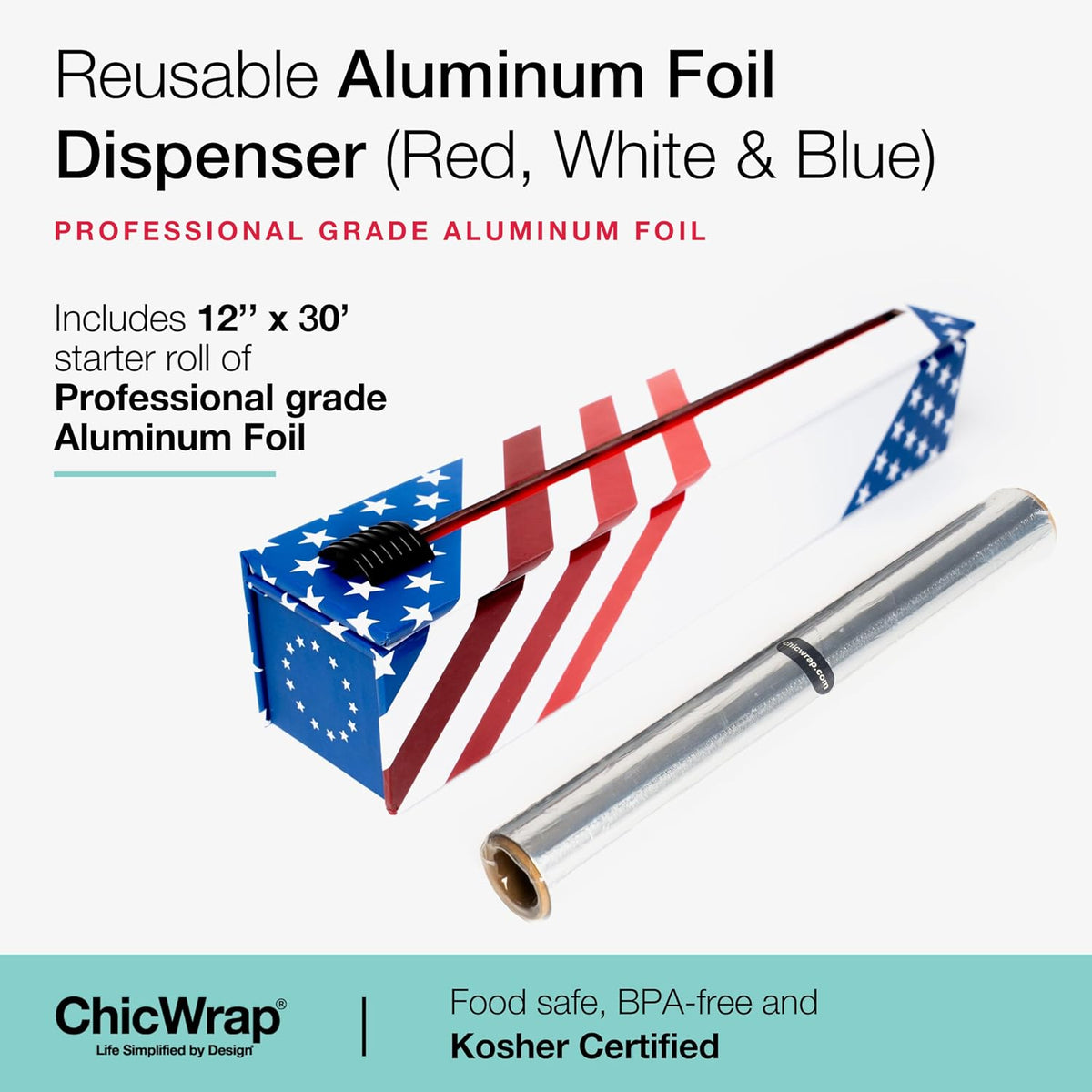 BBQ Tools Refillable Foil Dispenser - One 12"x 30' Roll of Professional Grade Aluminum Foil - Reusable Dispenser w/Slide Cutter - Kosher Certified - Reduces Waste & Saves Money