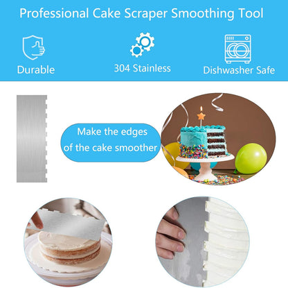 Stainless Steel Cake Scraper, Cake Decorating Comb Large Double Sided Patterned Edge Stripe Edge Smoother Scraper for Pastry Cut and Mousse Butter Cream Cake Decoration