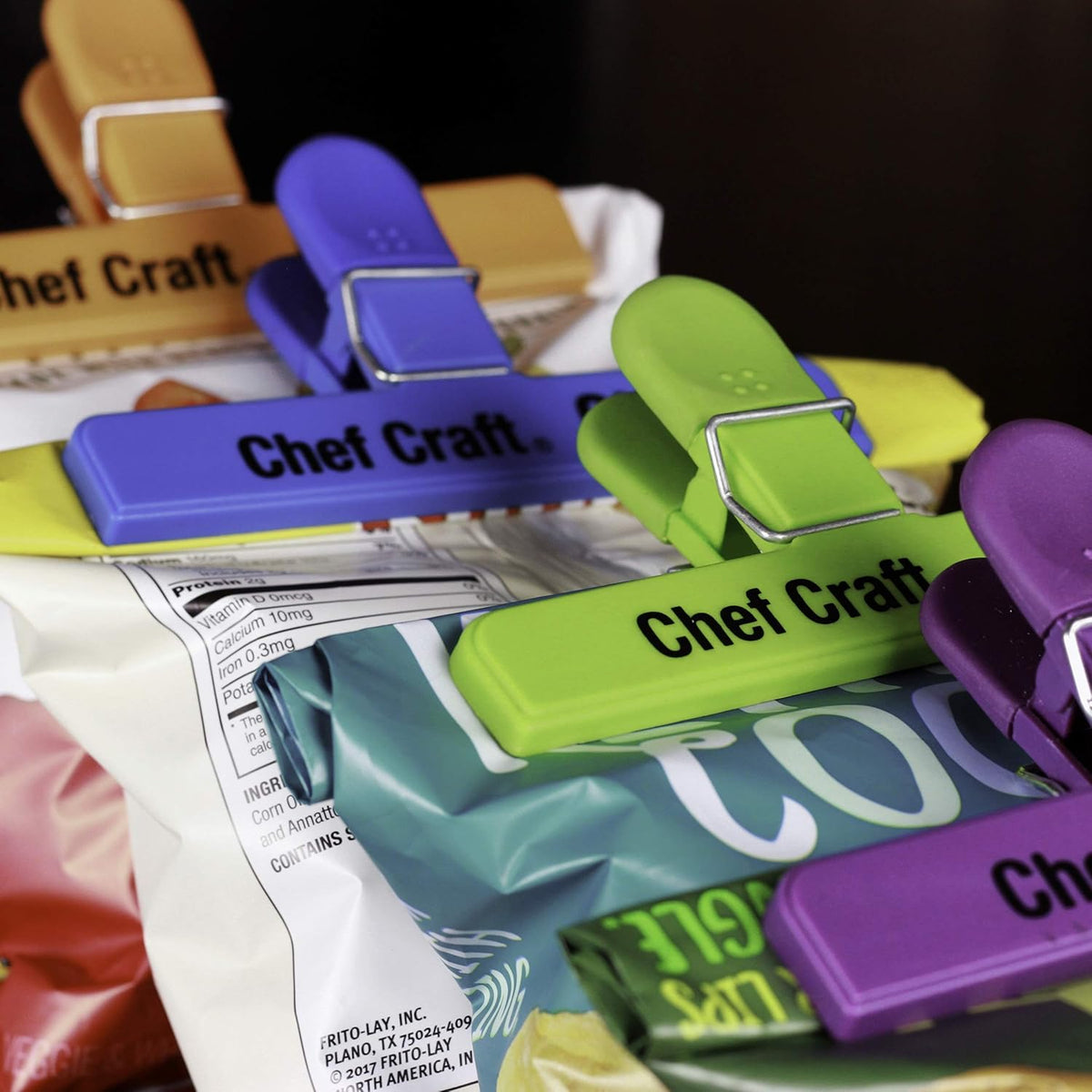 Vibrant Plastic 4 Piece Large Bag Clip Set, 4-Pack, Green/Blue/Orange/Purple