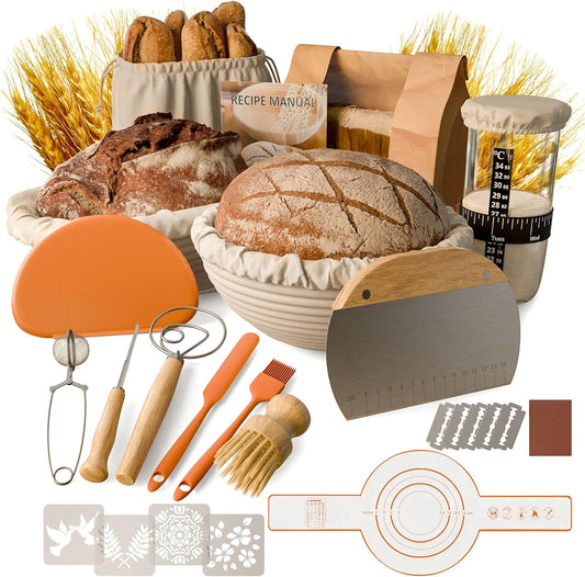 Sourdough Starter Kit, 9" Round and 9.7" Oval Bannetons | Banneton Proofing Baskets with Glass Starter Jar, Dough Whisk, Bread Lame, Scrapers and Linen Liners for Bread Baking