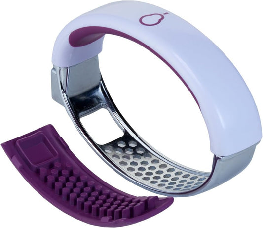 Garlic Press Rocker - Stainless Steel Garlic Crusher Mincer - Ergonomic Handle Garlic Cloves Grater, Squeezer - Kitchen Gadget Food Grade Chopper, Grinder, Peeler - Easy Clean (White/Purple)