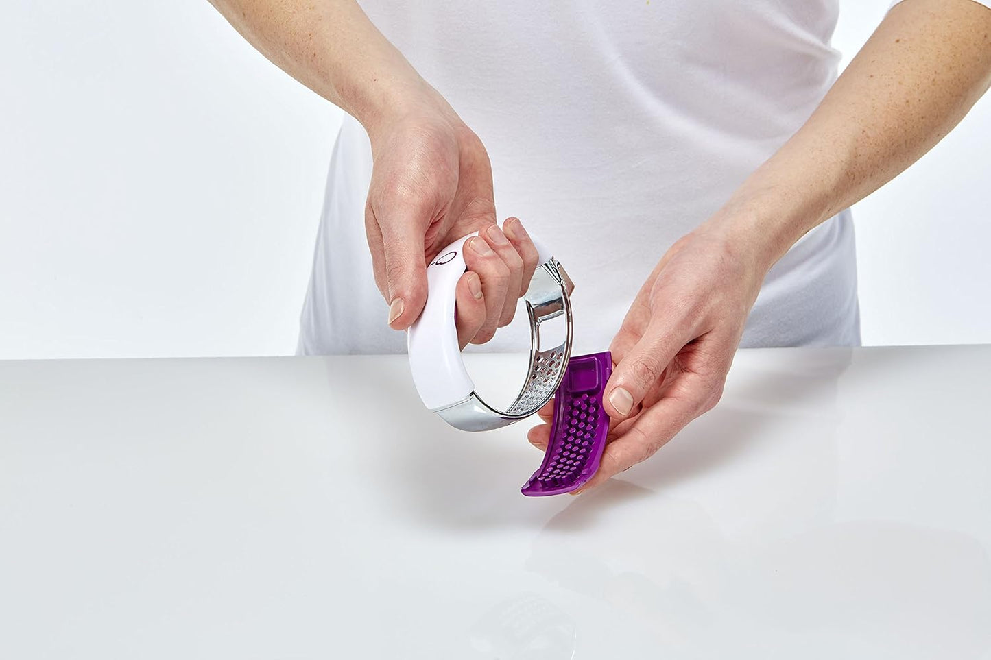 Garlic Press Rocker - Stainless Steel Garlic Crusher Mincer - Ergonomic Handle Garlic Cloves Grater, Squeezer - Kitchen Gadget Food Grade Chopper, Grinder, Peeler - Easy Clean (White/Purple)