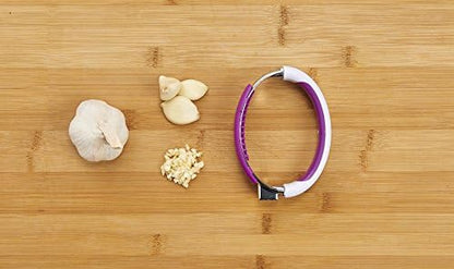 Garlic Press Rocker - Stainless Steel Garlic Crusher Mincer - Ergonomic Handle Garlic Cloves Grater, Squeezer - Kitchen Gadget Food Grade Chopper, Grinder, Peeler - Easy Clean (White/Purple)