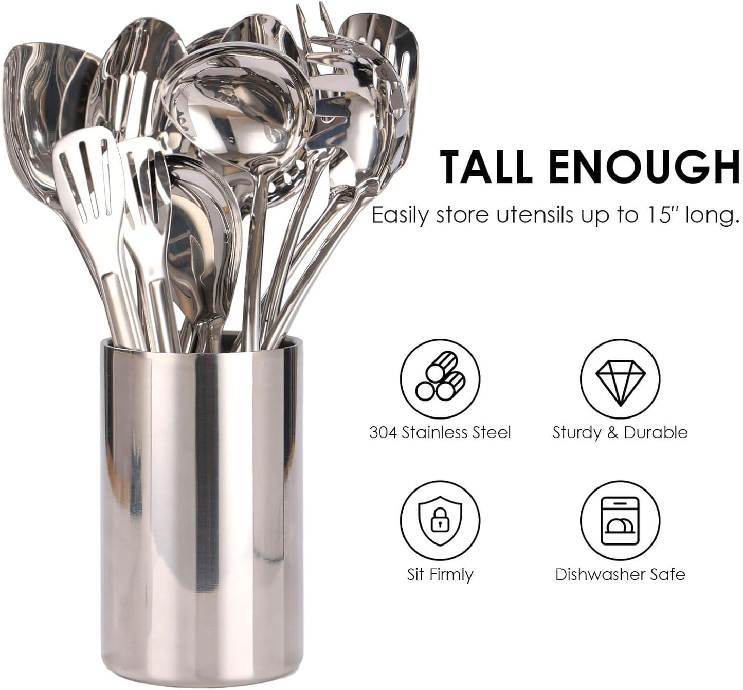 Double Wall Utensil Holder, 304 Stainless Steel Sleek Holder for Countertop | Kitchen Utensil Holder - Spatula Spoon Storage Organizer, Large Utensil Caddy Counter, Shining Utensil Crock, Mirror Polish